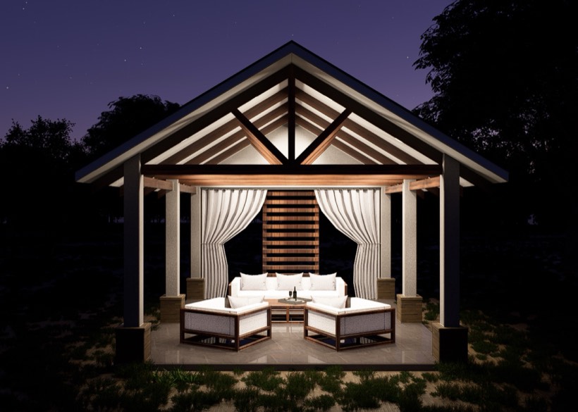 Cabana glowing at night.