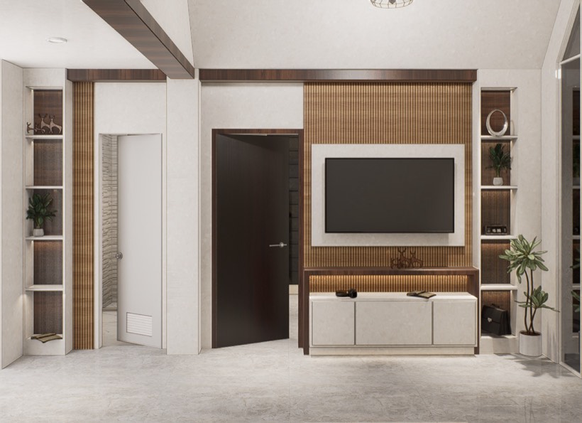 Entrance foyer with fluted timber wall and display niches.