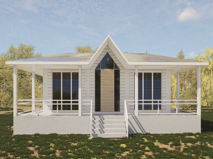 Farmhouse residence in daylight.