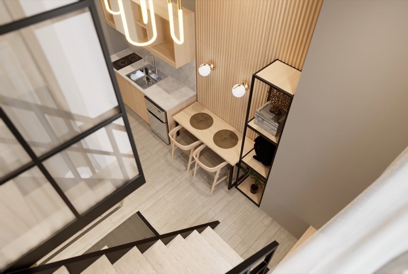 Overhead view of the loft kitchen and stair.