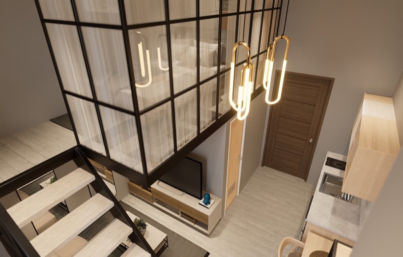 Loft from the mezzanine with glass partition.