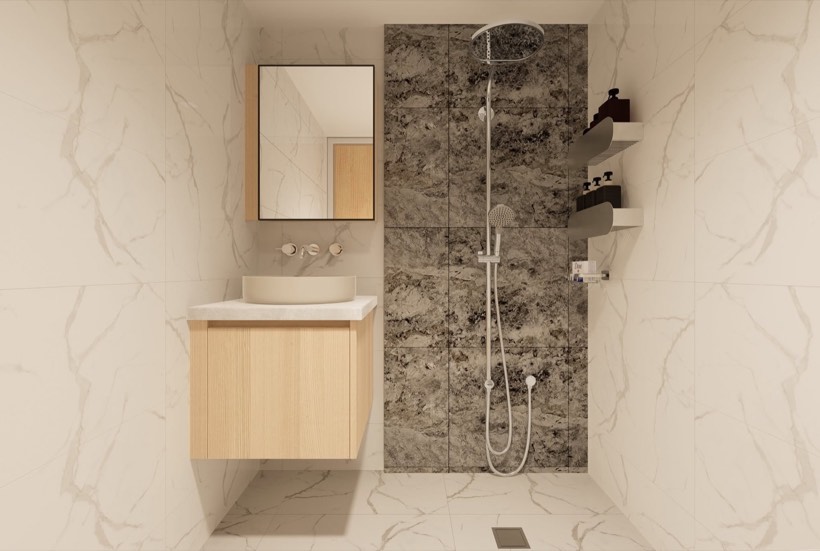 Marble-tiled shower detail.