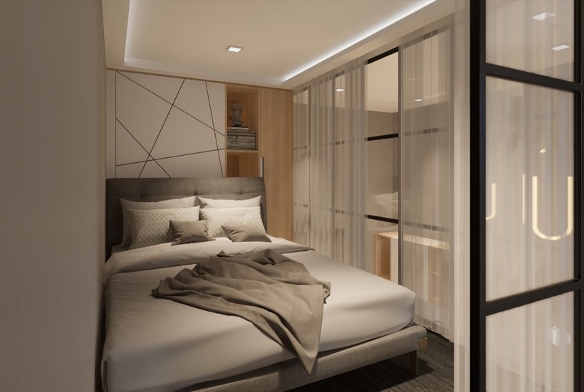 Bedroom with inlay headboard wall.