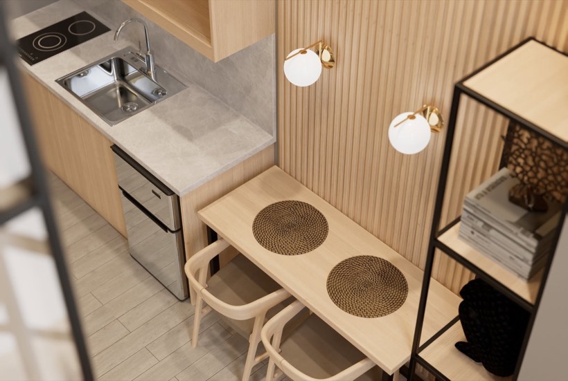 Dining nook from above with globe sconces.