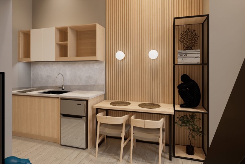 Compact kitchen with slatted feature wall.