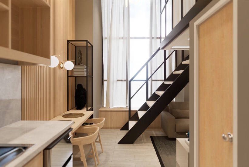 Loft kitchen with timber slat wall.