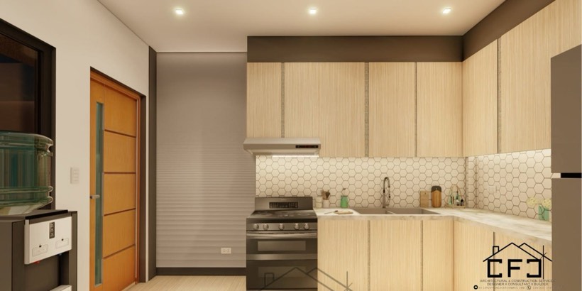 Kitchen with light timber cabinetry.