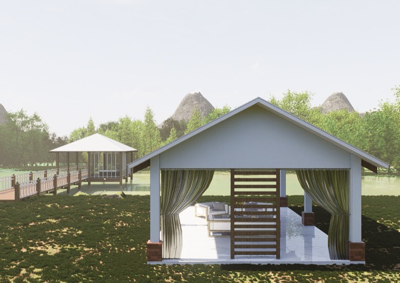 Cabana on the lawn beside the lake.