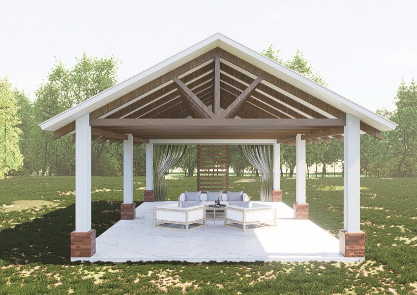Open-air pavilion with exposed timber trusses.