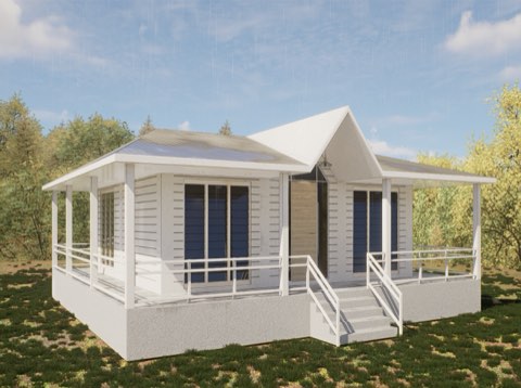 Farmhouse residence exterior perspective.